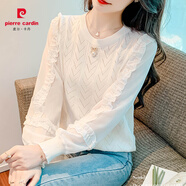 皮爾卡丹（pierre cardin）2025春秋新款寬松鏤空雪紡蕾絲拼接針織衫薄毛衣女純色圓領(lǐng)上衣潮 白色 S