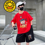 G.DUCKKIDS品牌童裝兒童裝男童夏裝套裝中大童男孩夏季韓版洋帥氣短袖潮衣服 BBL2507哪吒 紅色 130 建議身高120CM左右
