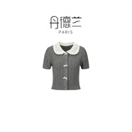 丹德蘭新中式蕾絲翻領(lǐng)衫女短款毛衣開衫外套國風(fēng)盤扣上衣-5172 灰色 M （105-125斤）