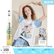 兩三事梵高文藝 水星手信 2025夏季新款小清新拼色插肩袖印花t恤女 藍(lán)色 S