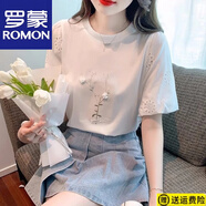 羅蒙（ROMON）2025新款白色純棉女t恤泡泡袖夏季短袖韓版寬松上衣薄款洋氣小衫 白色-小花01 L