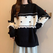 ?？|竺15初中學(xué)生12歲少女秋冬新款紅色毛衣女大童寬松慵懶風(fēng)圓領(lǐng)針織衫 黑色 M 【75-100斤】