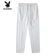 花花公子（PLAYBOY）夏季白色純亞麻小腳口九分褲輕便透氣吸濕排汗抽繩松緊腰直筒褲 白色 L 170/105-120斤