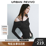 UR秋季新款女設(shè)計(jì)感翻領(lǐng)一字肩露肩修身針織衫UWJ940033 正黑 M