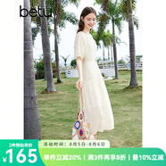 百圖betu女裝春夏新款連衣裙收腰氣質(zhì)法式復(fù)古減齡連衣裙2403D03 米白 S