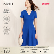 AMII法式復(fù)古a字連衣裙女夏季新款赫本風(fēng)顯瘦V領(lǐng)修身裙子 克萊因藍(lán) XS 150/76A