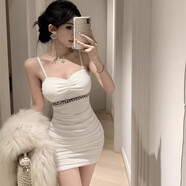 三棲虎吊帶超短包臀裙純欲性感辣妹抹胸連衣裙女名媛氣質(zhì)釘珠鑲鉆包臀短 白色 (有胸墊) S  建議80-95斤