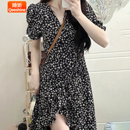 婍妡（Qeeshine）溫柔黑色夏裝2024年新款森女赫本風(fēng)茶歇裙冷淡風(fēng)魚(yú)尾碎花連衣裙女 黑色碎花裙【雪紡+內襯】 S 斤以下