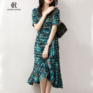 clotho Rennie品牌女裝波點連衣裙女2025夏季新款優(yōu)雅氣質(zhì)收腰顯瘦v領(lǐng)中長款裙 湖綠色 M