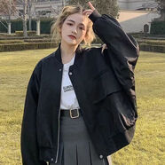 俞兆林（YUZHAOLIN）黑色短款外套女2025春秋新款oversize棒球服夾克外套學(xué)生工裝上衣 黑色雙層防風(fēng)面料 M 95-110斤