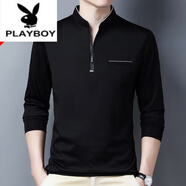 花花公子（PLAYBOY）純棉長(zhǎng)袖T恤男休閑薄 款體恤上衣夏春秋冬季中年男裝立領(lǐng)打底 長(zhǎng)袖6625黑色 薄款 3XL 185建議170-190斤