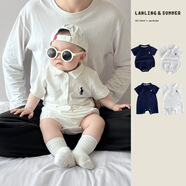 YUETA嬰兒連體衣夏季薄款嬰幼兒Polo短袖哈衣包屁衣百搭男寶寶夏裝衣服 白色包屁 66cm