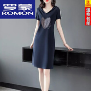 羅蒙（ROMON）輕純棉短袖A字裙子女連帽連衣裙夏季女中長款休閑運動T恤裙女 藏青色雙色羽毛】 燙鉆 XL