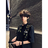 燦圖美式高街花卉印花短袖t恤男夏季純棉寬松五分半袖潮流打底體恤衫 黑色 XL 【建議120-140斤】