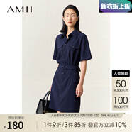 AMII2025春秋新款氣質(zhì)通勤襯衫領(lǐng)連衣裙翻領(lǐng)套頭配腰帶梭織裙子女 深海藍(lán) 150/76A/XS