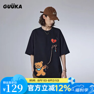 古由卡（GUUKA）潮牌短袖t恤男士打底衫夏季男裝新款青少年上衣服寬松五分半截袖 黑色 AGAHO聯(lián)名款F4645 XS