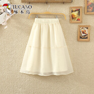 啄木鳥(niǎo)2025夏季新款高腰顯瘦歐根紗小個(gè)子口袋A字裙子半身裙過(guò)膝短裙女 杏色 均碼