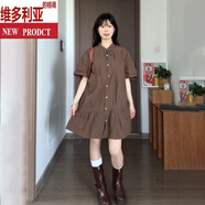 維多利亞的格調(diào)夏季甜美復古小個子褶皺抽繩綁帶連衣裙女韓版寬松短袖A字襯衫裙 連衣裙 S