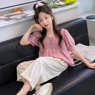 冠琪亮寶貝女童夏季套裝泡泡袖上衣襯衫兒童寬松夏裝九分褲新款闊腿褲潮款 粉色上衣(單件） 120 cm