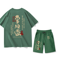 吉綢天官賜福護身符篆短袖T恤男半袖夏季ins國潮大碼寬松純棉百無禁忌 C短袖綠491+J短褲065綠色 均碼 120 40-45斤