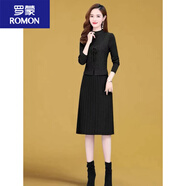 羅蒙加絨加厚針織洋裝女秋冬新款韓版兩件式套裝毛衣裙時(shí)尚打底裙 黑色 M 建議95-105斤