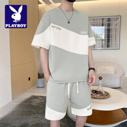花花公子;PLAYBOY休閑美式套裝男2025夏季新款經(jīng)典帥氣舒適短袖短褲時(shí)尚簡(jiǎn)約兩件套 軍綠 M 90-105斤