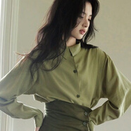 伊琦蕾（YIQILEI）法式綠色不對稱(chēng)領(lǐng)復古套裝女2025春秋新款時(shí)尚設計感襯衫半身裙潮 單襯衣 M 建議95-105斤