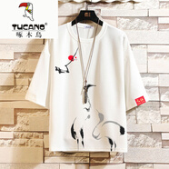 啄木鳥（TUCANO）中國風(fēng)水墨船畫冰絲短袖國潮T恤夏季薄款加大碼免燙寬松涼感聚酯 H05白色 M 90-115斤