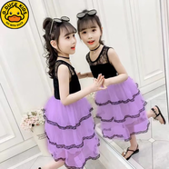 G.DUCKKIDS童裝女童連衣裙中大童夏季兒童新款寶寶韓版洋氣無(wú)袖公主裙子蕾絲 蛋糕裙-紫色 100 建議1-2歲
