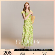 三彩2025夏季新款碎花印花連衣裙法式A字裙V領(lǐng)鏤空長(cháng)裙浪漫M