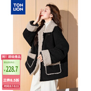 唐獅（TonLion）2024女翻立領(lǐng)燈芯絨拼接短款外套 黑色 M 