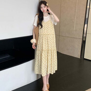 依鎏衣品夏季新款寬松遮肚拼接雪紡碎花孕婦連衣裙假兩件短袖吊帶孕婦裙 黃色碎花6000# L建議115-130斤