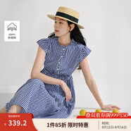 茵曼法式立領(lǐng)格子連衣裙2025夏季女裝新款純棉可調腰帶大擺長(cháng)裙 藍白格色 XL