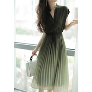 夏季新款漸變綠色立領(lǐng)收腰設計百褶雪紡連衣裙女夏中長(cháng)款 漸變綠色 S