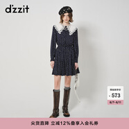 DZZIT地素波點(diǎn)長(zhǎng)袖連衣裙春秋新款法式蕾絲娃娃領(lǐng)設(shè)計(jì)感小眾 深藍(lán)色 S