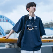 森馬短袖t恤男款夏季純棉重磅寬松半袖衣服美式潮牌潮流體恤男裝上衣 藏青色 藏青色 M