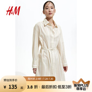 H&M女裝連衣裙25夏新款時尚透氣亞麻混紡及膝襯衫式連衣裙1275768 淺米色/條紋 S 160/88