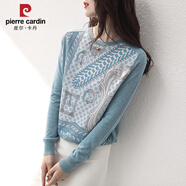 皮爾卡丹（pierre cardin）女士針織衫長(cháng)袖春裝ins拼接寬松雪紡打底衫學(xué)生薄款T恤女上衣外穿 藍色 S