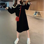白色連衣裙秋冬裝小清新森女系法式小眾學院風甜美長袖娃娃領(lǐng)裙子 黑色 S