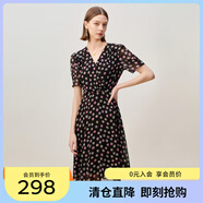 敦奴（DUNNU）dunnu敦奴2024夏季新款中長(zhǎng)款法式V領(lǐng)雪紡印花連衣裙女 正黑色 L