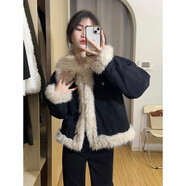 恒源祥毛茸茸外套女冬季時尚韓版2024新款加厚環(huán)保皮草牛仔拼接毛絨上衣 黑色 M
