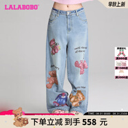 拉拉波波（LALABOBO）袁一琦同款純棉牛仔褲女高腰顯瘦小熊印花寬松闊腿褲潮RBDC-ZC19 中藍(lán)白 常規(guī) 24 建議80-105斤