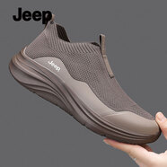 JEEP吉普運動(dòng)鞋男鞋秋冬新款透氣軟底一腳蹬懶人網(wǎng)面鞋戶(hù)外跑步休閑鞋 深咖啡 【標準運動(dòng)鞋碼】 42