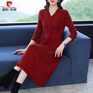 皮爾卡丹（pierre cardin）中長(cháng)款打底毛衣裙時(shí)尚v領(lǐng)毛線(xiàn)裙大碼寬松女裝顯瘦百搭針織連衣裙 酒紅色 M