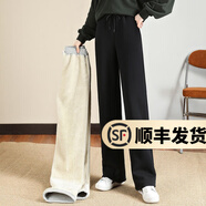 幻黛冬季高腰直筒加絨運動(dòng)褲女韓版休閑褲子加厚仿羊羔絨學(xué)生衛褲 黑色（羊羔絨） L