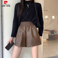 皮爾卡丹（pierre cardin）大碼胖mm高腰皮短褲女夏季2025年黑色a字闊腿pu皮褲松緊腰休閑褲 咖啡色 S