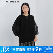 S.DEER圣迪奧女裝上衣羅紋圓領(lǐng)鉤花網(wǎng)紗拼接黑色毛衣針織衫S22163510 黑色/91 M 165