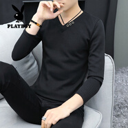 花花公子（PLAYBOY）男士毛衣v領秋季韓版潮流青年薄款打底衫上衣修身純色針織長袖t恤 818黑色 M