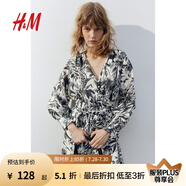 H&M女裝花卉連衣裙夏季V領(lǐng)燈籠袖腰部系帶微喇短裙連身裙1229402 白色/灰色花朵 170/104