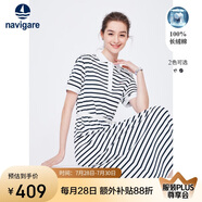 Navigare意大利小帆船女全棉POLO長裙條紋短袖連衣裙2322874507 白/蘭 L 